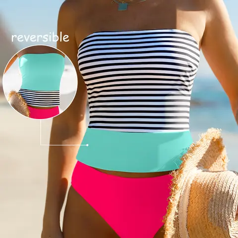 POPVIL Women's 2-in-1 Reversible 2-Tone Striped Bikini Swimsuit Set - Adjustable Removable Straps, Padded Tube Top, Color Block Mid-Rise Nylon Swim Bottoms, Custom Fit for Beach Party, Swim Bottom Set