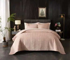 【Leaves series】Fansace Luxury Velvet Quilt Set King Size Bedding Sets Lightweight Ultra Soft Velvet Comforter Set Leaves Chevron Stitch Oversized Bedspread Coverlet 3 Pcs Full Bed Cover Sets for All Seasons Beige