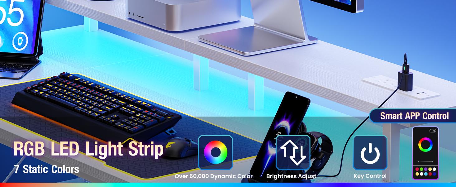 48 inch Gaming Desk with LED Lights & Power Outlets, Computer Desk with Monitor Stand & Storage Shelves, CPU Stand, Home Office Desk 48 inch Gaming Desk with LED Lights & Power Outlets, Computer Desk with Monitor Stand & Storage Shelves, CPU Stand, Home Office Desk