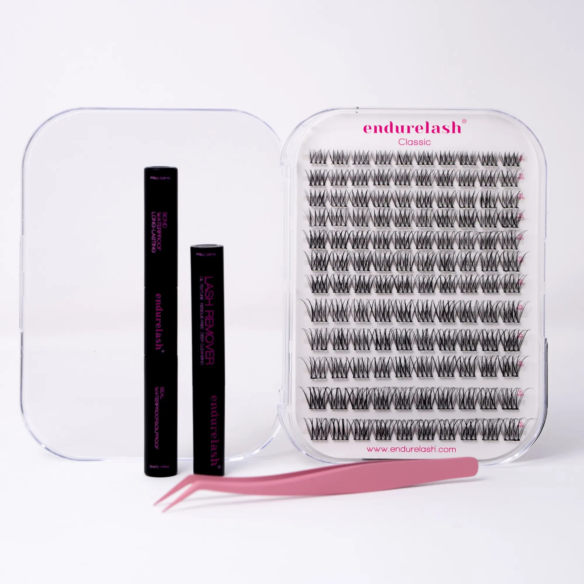 Endure Classic DIY Volume Eyelash Clusters & Adhesives Kit with Tweezer, Reusable Lightweight Eyelash Extension Kit for 3-5 Day Wear, Matte Black, 8-16mm Mixed Lengths