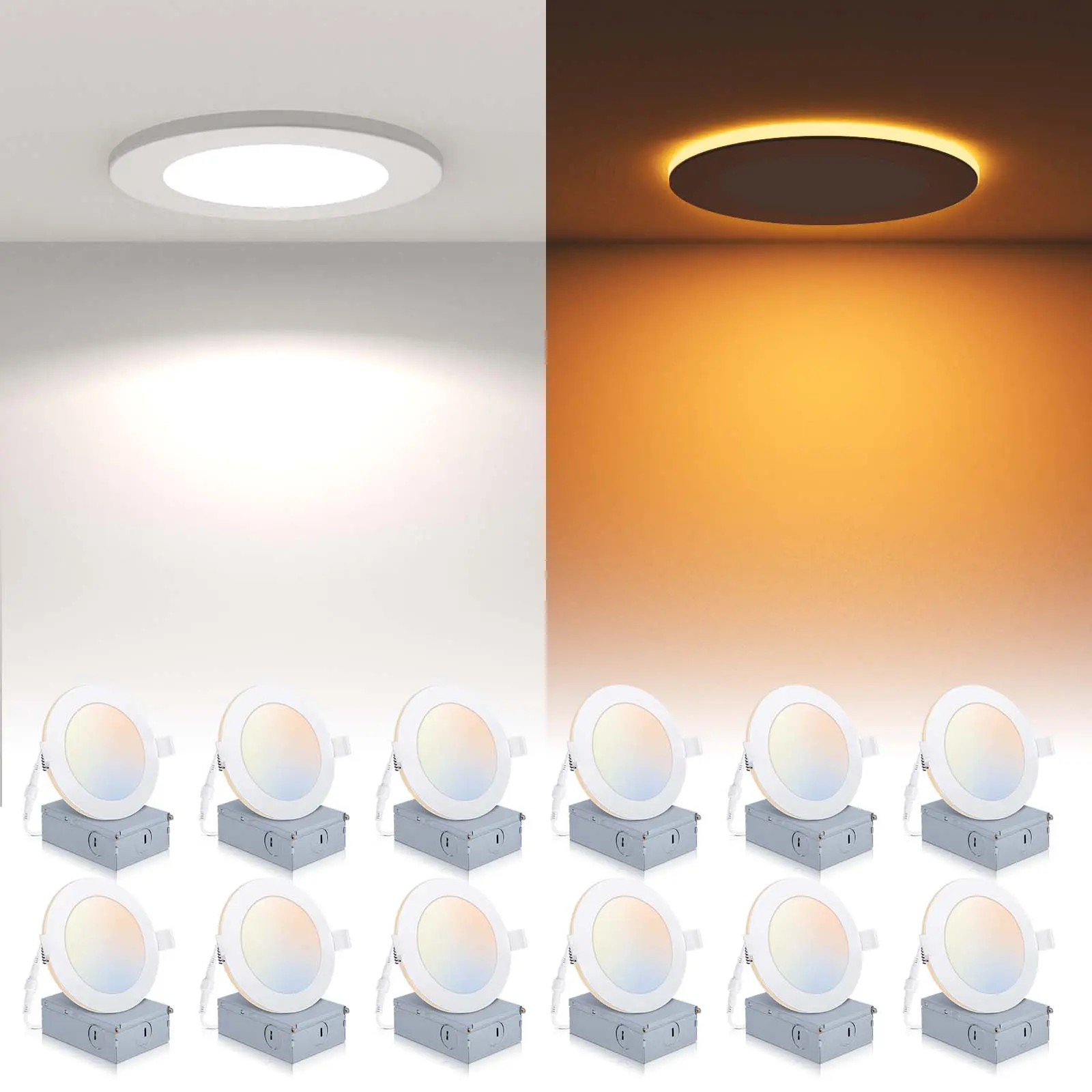 POWERASIA 12-Pack 4/6 Inch Circular Bright LED Recessed Ceiling Lights, 5CCT Dimmable 2700K-6000K 15W 1200LM Ultra-Thin Night Light, ETL Energy Star Certified