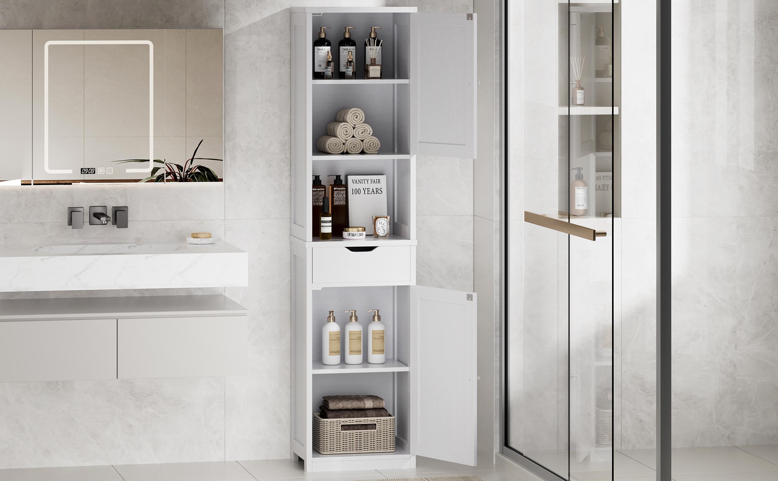 Walsunny Tall Bathroom Cabinet, Corner Sideway Kitchen Storage with Adjustable Shelves,  Towels Shampoos & Washing Supplies Space Saving Furniture, Floor Mount Narrow Tall Cabinet for Home, Versatile Farmhouse Pantry, White