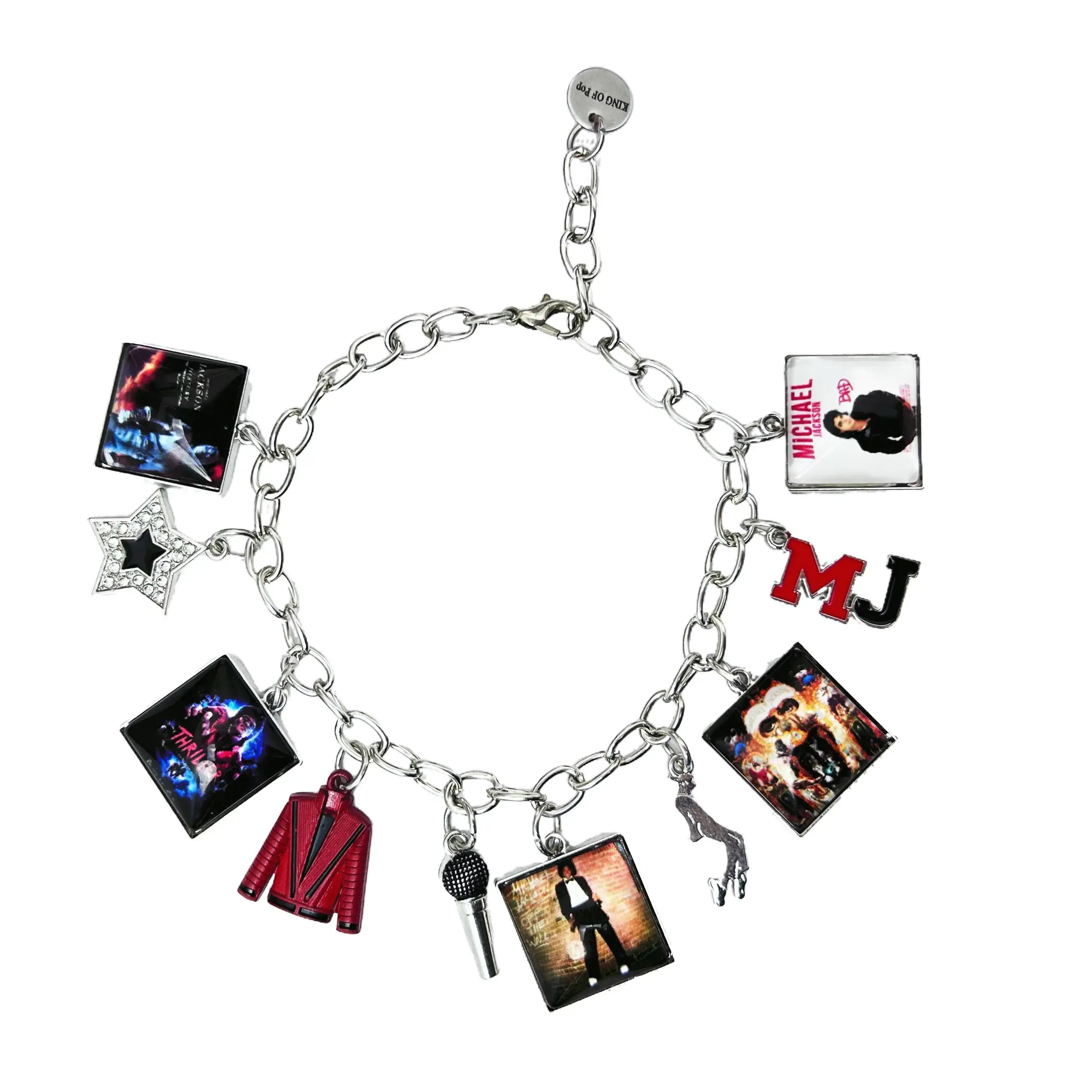 Michael Jackson Vintage Pop Music Charm Bracelet, Collectible Link Chain Jewelry with Microphone, Jacket & Album Charms, Unisex Music Fan Gift