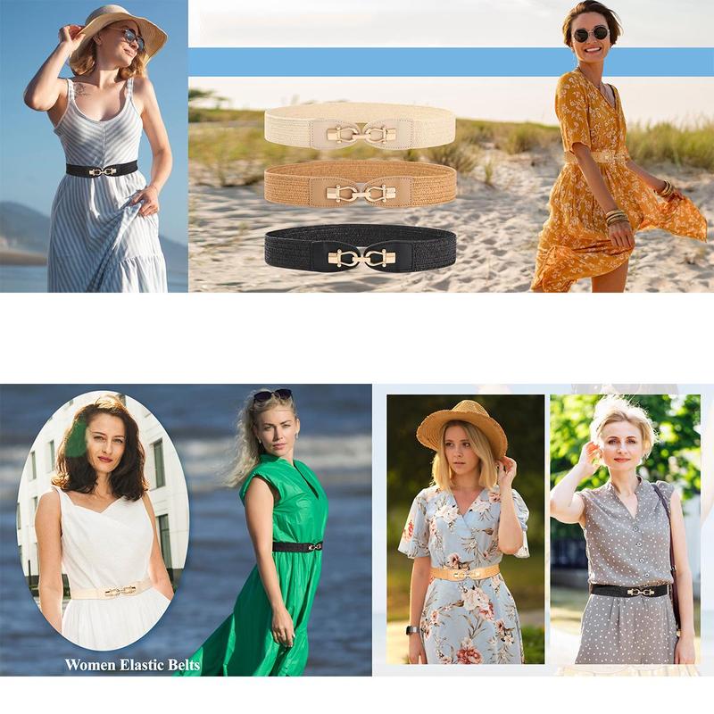 2-Piece Set Women Straw Belt Elastic Waist Metal Buckle Breathable Elegant Boho Braided Belt for Dress Casual 2-Piece Set Women Straw Belt Elastic Waist Metal Buckle Breathable Elegant Boho Braided Belt for Dress Casual