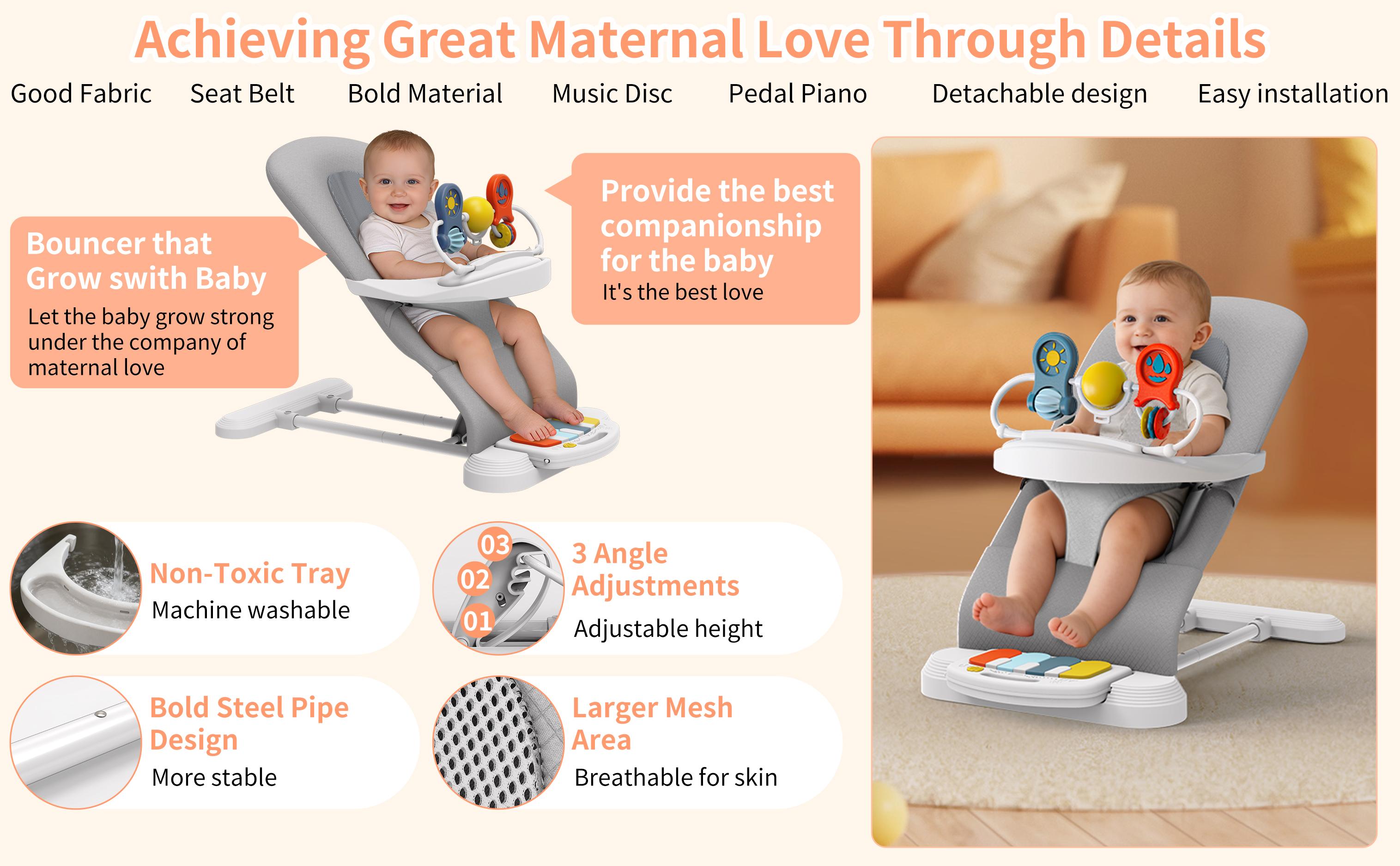 3-in-1 Baby Bouncer and Rocker with Music Piano, Infant Swing with Toys Play Bar, Baby Bouncer Chair with Detachable Tray,Baby Chair with 3-level height adjustment and 3-point Adjustable Seatbelt,Honeycomb-textured Material, Comfortable and Breathable