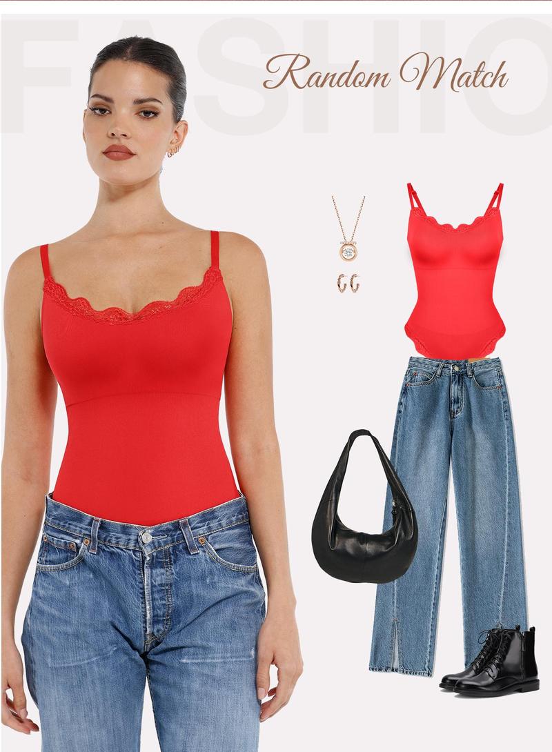 FeelinGirl Women Lace Bodysuit Scoop Neck Sleeveless Cami Spaghetti Strap Tank Tops Shapewear Thong Body Suits Valentine's Day Gift #livestream