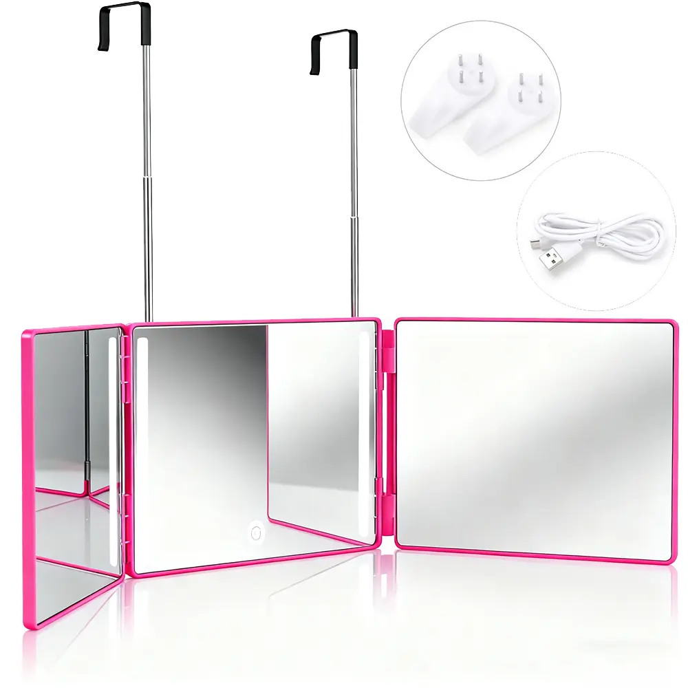3 Way  Mirror Rose Red for Hair Cutting, Three Way Mirror for Shaver and Makeup, Height Adjustable with Two Hold Nails, 360 Viewing Angle, Clear Anti-Fog HD Glass