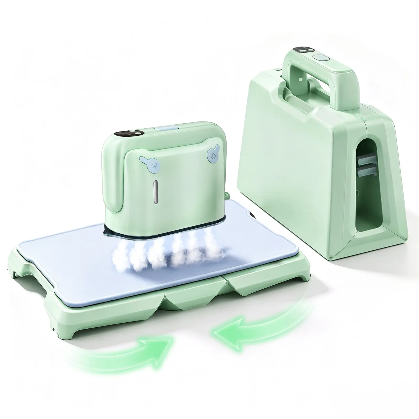 Martisan Dual Tank Steamer with an Ironing Board Frangrance Tank Fast Heat Up 15g/min Steam Smart Temp Control Compact Mini Clothes Iron For All Fabrics Green