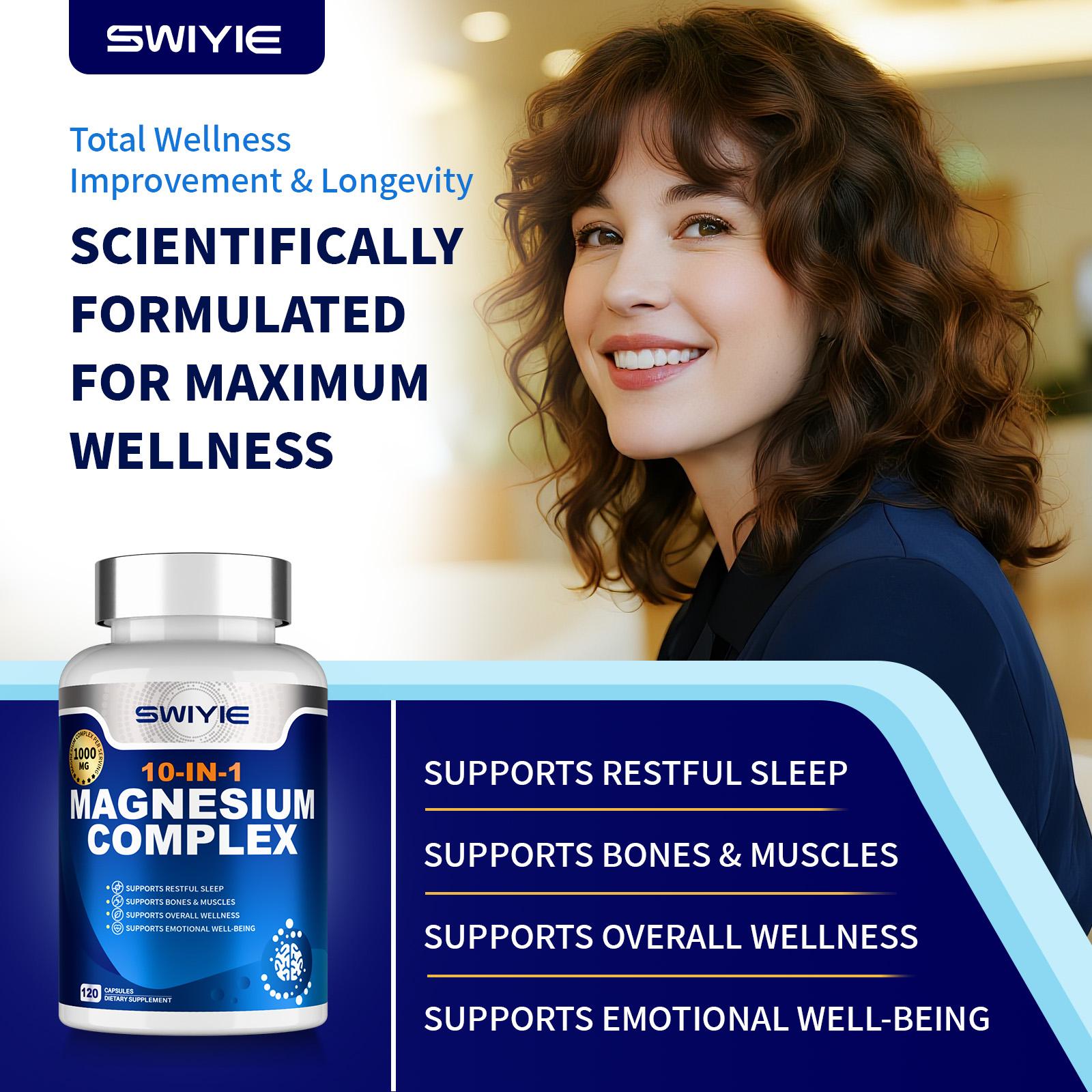 SWIYIE 10-in-1 Magnesium Complex 1000mg Vegan Capsules for Muscle Heart & Relaxation Support 120 Edible Dietary Supplement