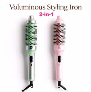 Ion Hot Styling Brush 2-in-1 Volumizing Curling & Straightening Hair Tools, Adjustable Temp, Dual Voltage, Hair-Friendly, Rechargeable, Avocado Green, On-the-Go for Different Types, Instant Curls