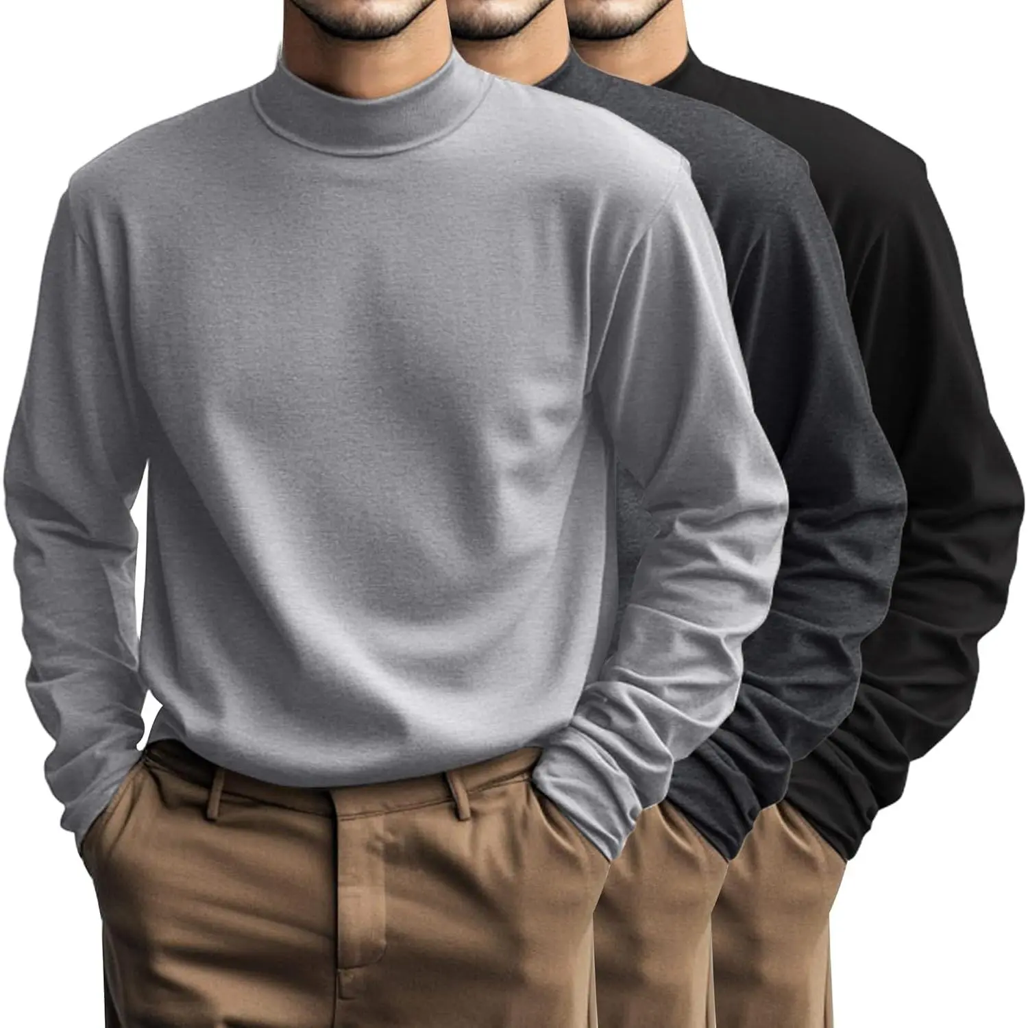 Men's 3-Pack Big & Tall Soft Stretch Classic Cotton Mock Neck Longsleeve Shirts - Loose Fit Plus Size Plain Lightweight Thermal Tops, Casual Wear for Work, Layering, Sports, Hand Washable