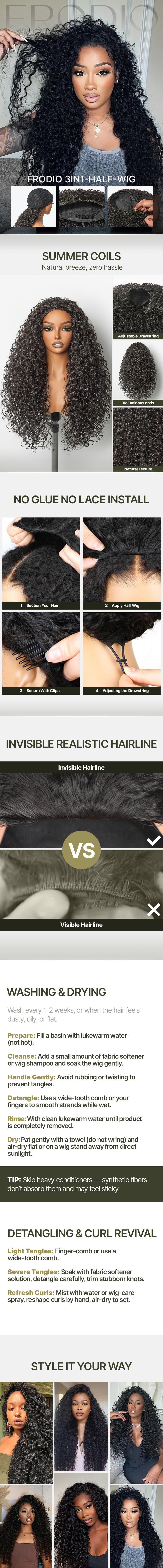 [Blend] Frodio 26" Veralux™ Blend Human Hair 3in1 Half Wig Curly Hair Ready To Wear Shaggy Waves Big Hair Curly Hair Wig Valentine's Day