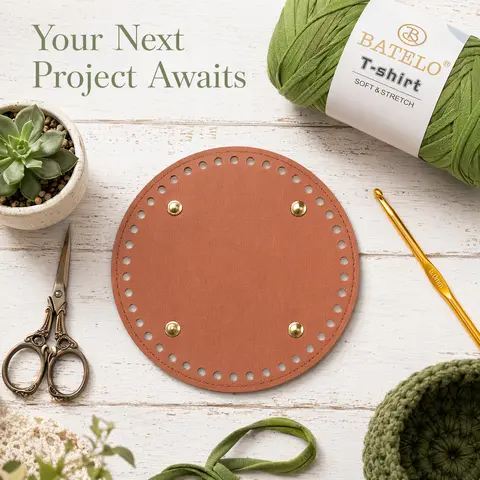 BATELO Beginner-Friendly DIY Crochet Bag Kit - Leather Base with Punched Edges, T-Shirt Yarn, Crochet Holes, Handcraft Supplies, Easy Craft Gift for Knitting Enthusiasts