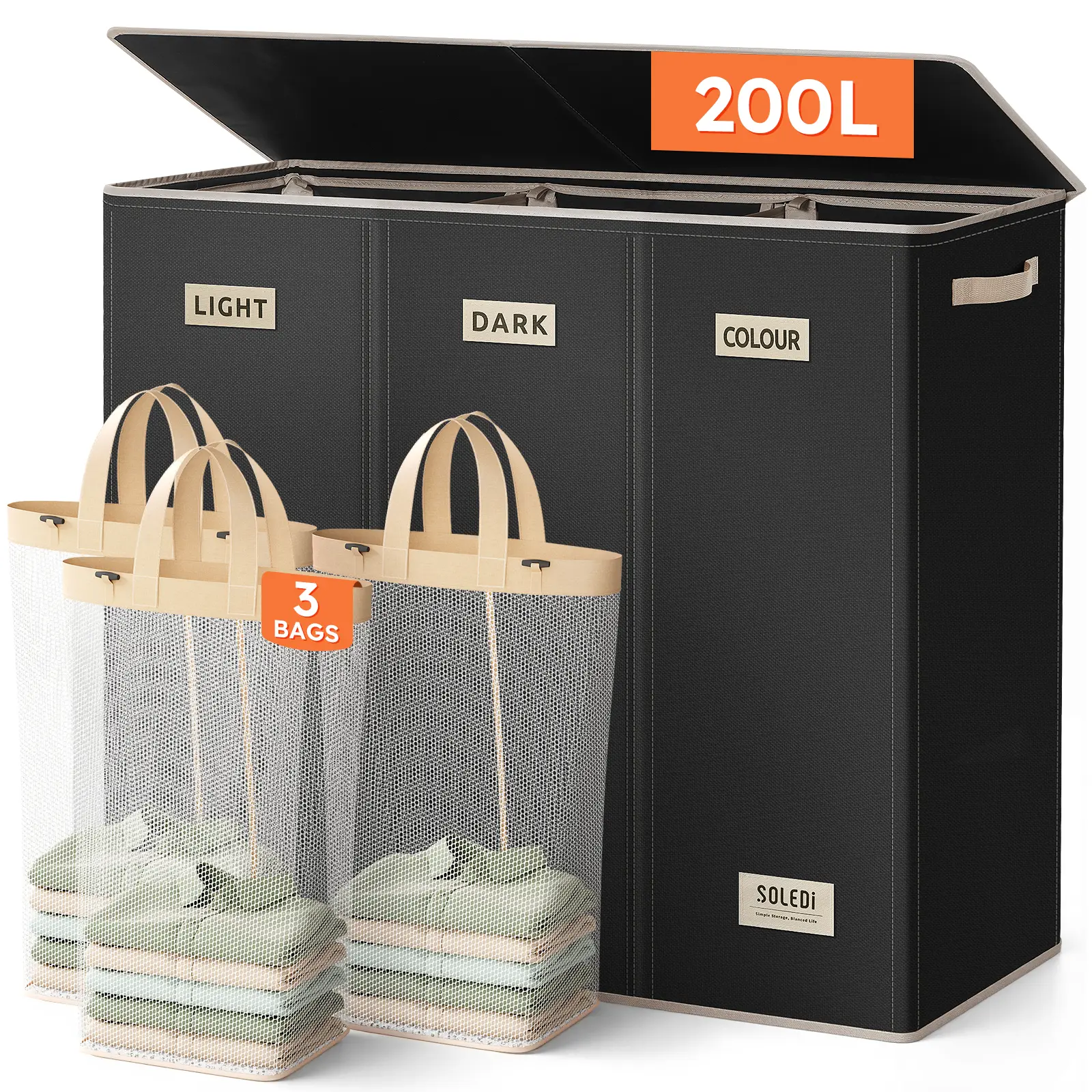 Modern Compartmentalized Laundry Basket with Lid, Removable Bags & Sturdy Handles - 70L-200L Multiple Capacities Collapsible Laundry Organizers and Storage with MDF Bottom Panel Reinforced Support for Bedroom, Dorm