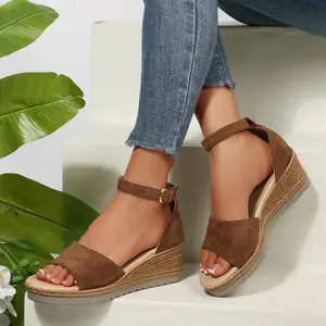 Women's Chic Suede Wedge Sandals Adjustable Buckle Open Toe Espadrille Footwear Springfresh