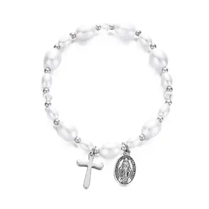 Adjustable Fashion Beaded Crucifix Pearl Strand Bracelet