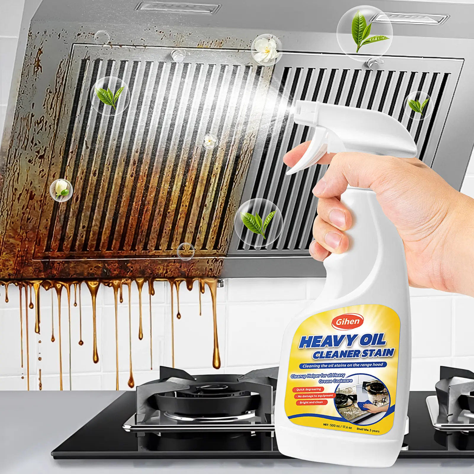 Gihen Heavy Oil Cleaner Stain - Effective Multi-Purpose Cleaner with Spray Nozzle & Towel for Kitchen Household Oven Stove Range Hood Sink