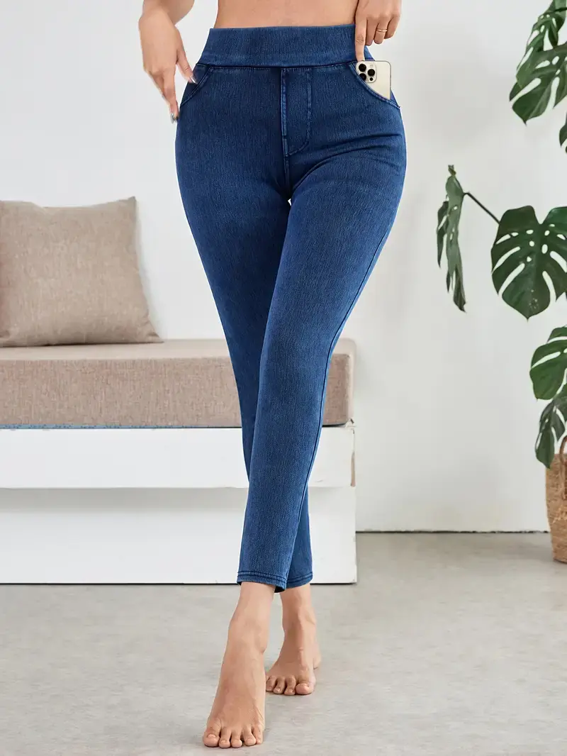 Lady's High-Waisted Stretchy Soft Belt-Pocket 9-Point Skinny Trouser Bottoms, Slim-Fitting Daily Cycling Sports Joggers, Navy Blue Basic Sweatpants,travel essentials,camping essentials tiktokshopbacktoschool