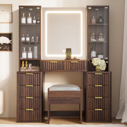 【Bellemave】43.5" Fluted Makeup Vanity Desk with Mirror and Lights, Modern Glass Top Vanity Table with 10 Drawers & 2 Transparent Glass Cabinets, Dressing Table Set with Stool and Charging Station