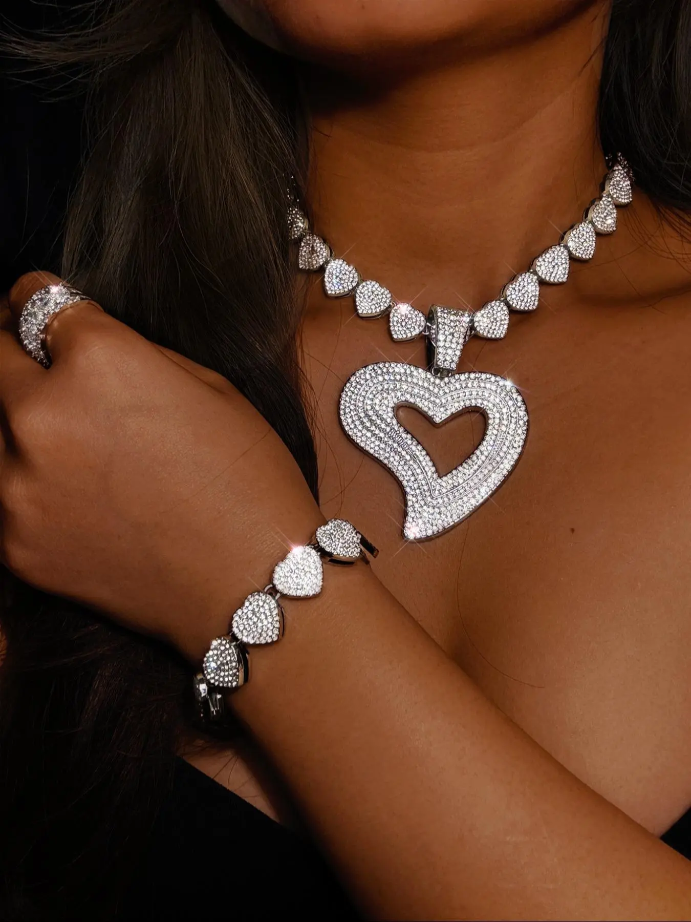 Luxury Rhinestone Decorated Heart Design Necklace & Bracelet (2pcs/set), Gorgeous Fashion Jewelry Set for Women & Girls, Elegant All-match Fashion Accessories for Daily Wear