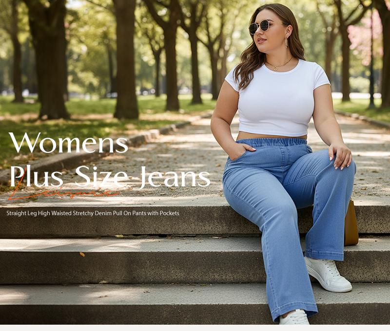 Eytino Womens Plus Size Jeans Straight Leg High Waisted Stretchy Denim Pull On Pants with Pockets(1X-5X) Eytino Womens Plus Size Jeans Straight Leg High Waisted Stretchy Denim Pull On Pants with Pockets(1X-5X)