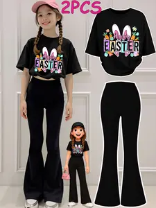 2PCS Girls Clothes T-Shirt Bottom Pants Set  Happy Easter Bunny Print Print Girl Clothes Short-Sleeved Round Neck T-Shirt Bell Bottom Pants Set Perfect For Outdoor  Kids Clothes Casual Summer Set Children