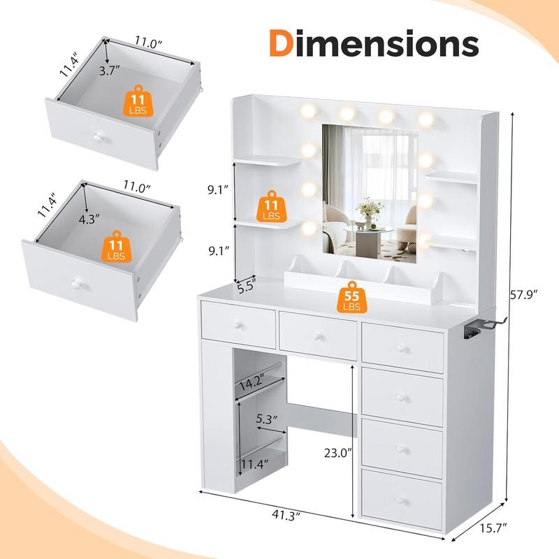 VINGLI Vanity Desk with Mirror and Lights, Makeup Vanity Table w/ 6 Storage Drawers & Shelevs, 58in Dressing Table Built in Hollywood Bulbs & Charging Station & Hairdryer Holder, Gifts for Girls