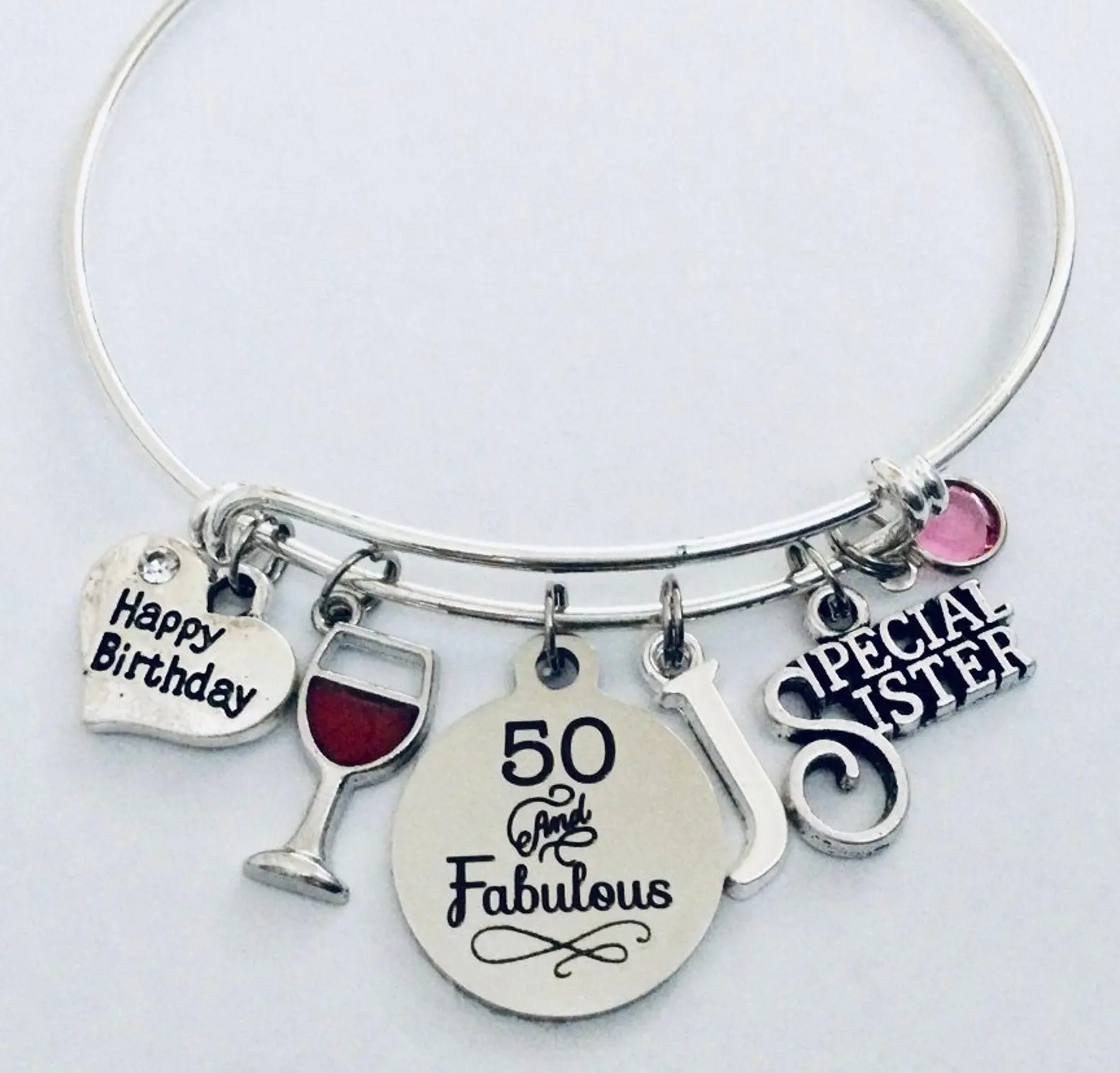 50 and Fabulous Sister Charm Bracelet | Happy 50th Birthday Gift | Silver Bangle