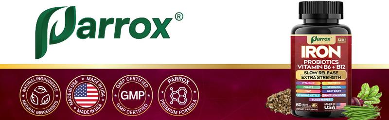 PARROX Iron Supplement - 13 in 1 Women's Menstrual Cycle Support with Iron, Probiotics, Vitamin B6 + B12 & More - 60 Capsules - Made in USA PARROX Iron Supplement - 13 in 1 Women's Menstrual Cycle Support with Iron, Probiotics, Vitamin B6 + B12 & More - 60 Capsules - Made in USA