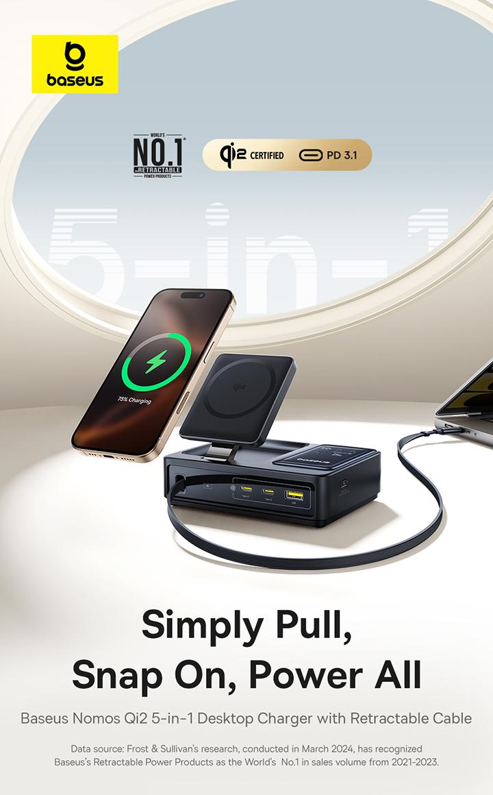 Baseus NOMOS 5-in-1 Desktop Charger 3C+U 140W US Qi2 Wireless Charging+Retractable Cable+Digital Display