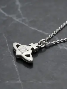 400-440mm Long Chain 2026 New Arrival Elegant Silver Tone Chain with Minimalist Orb Pendant & Crystal Accent, Dainty Statement Jewelry for Special Occasions