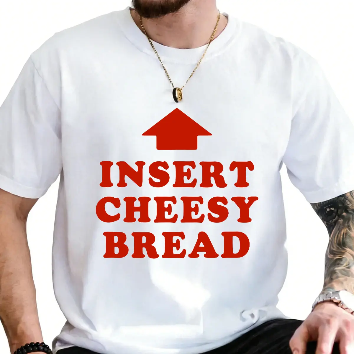 Unisex "INSERT CHEESY BREAD" Red Graphic Menswear Top - Vibe Tee, 100% Cotton Soft Short-Sleeve Tshirt, Made in USA, Casual Relaxed Fit for All-Day Wear