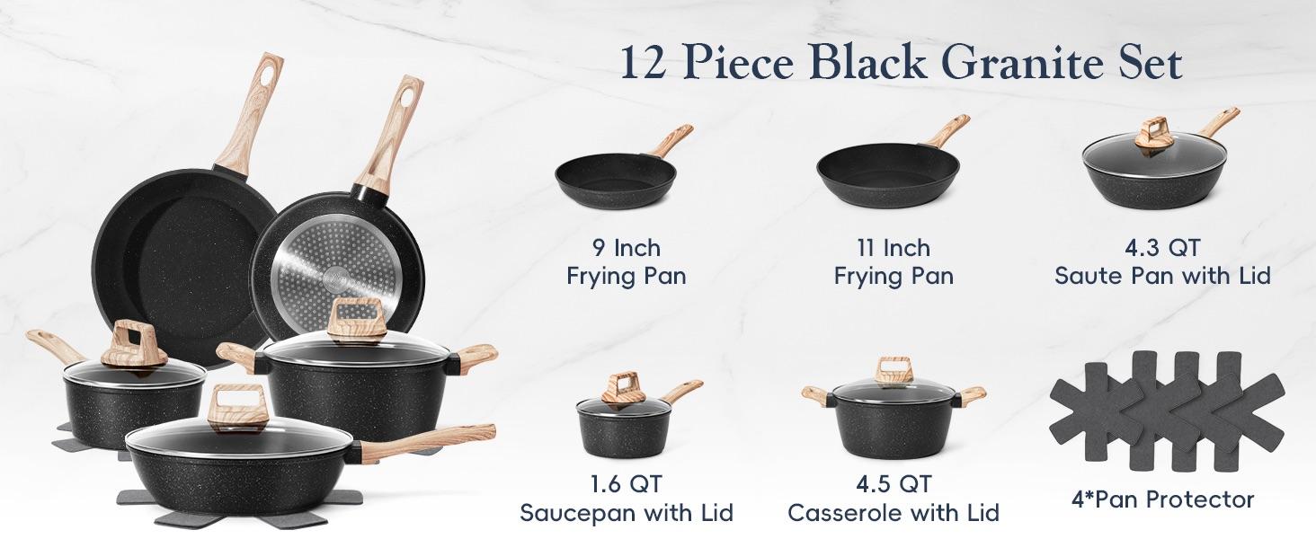 SODAY 12pcs Pots and Pans Set Non Stick Kitchen Cookware Sets Induction Cookware Nonstick Granite Cooking Set with Frying Pans, Saucepans, Kitchenware,stock up on specials,Valentines Day gifts