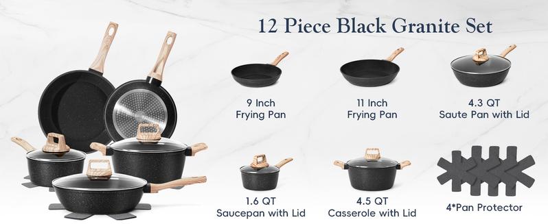 SODAY 12pcs Pots and Pans Set Non Stick Kitchen Cookware Sets Induction Cookware Nonstick Granite Cooking Set with Frying Pans, Saucepans, Kitchenware,stock up on specials,Valentines Day gifts