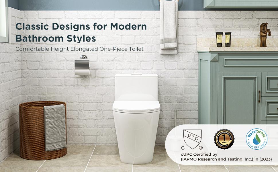 Compact One-Piece Elongated Toilet Dual Flush 1.1/1.6 GPF Siphon Flushing, 12 inch Rough-In, 16-1/8 inches Comfort Standard Height, Quiet Soft-Close Seat, Fully Skirted Easy-Clean Design