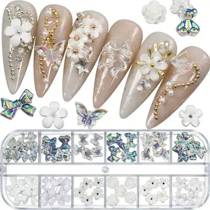 3D Acrylic Butterfly Flowers Bear Nail Charms Art 3D, AB Crystal Rhinestones Multi Shapes Pearl Gold Metal Art, Decal Jewelry Accessories DIY Crafting, 2 Piece Set