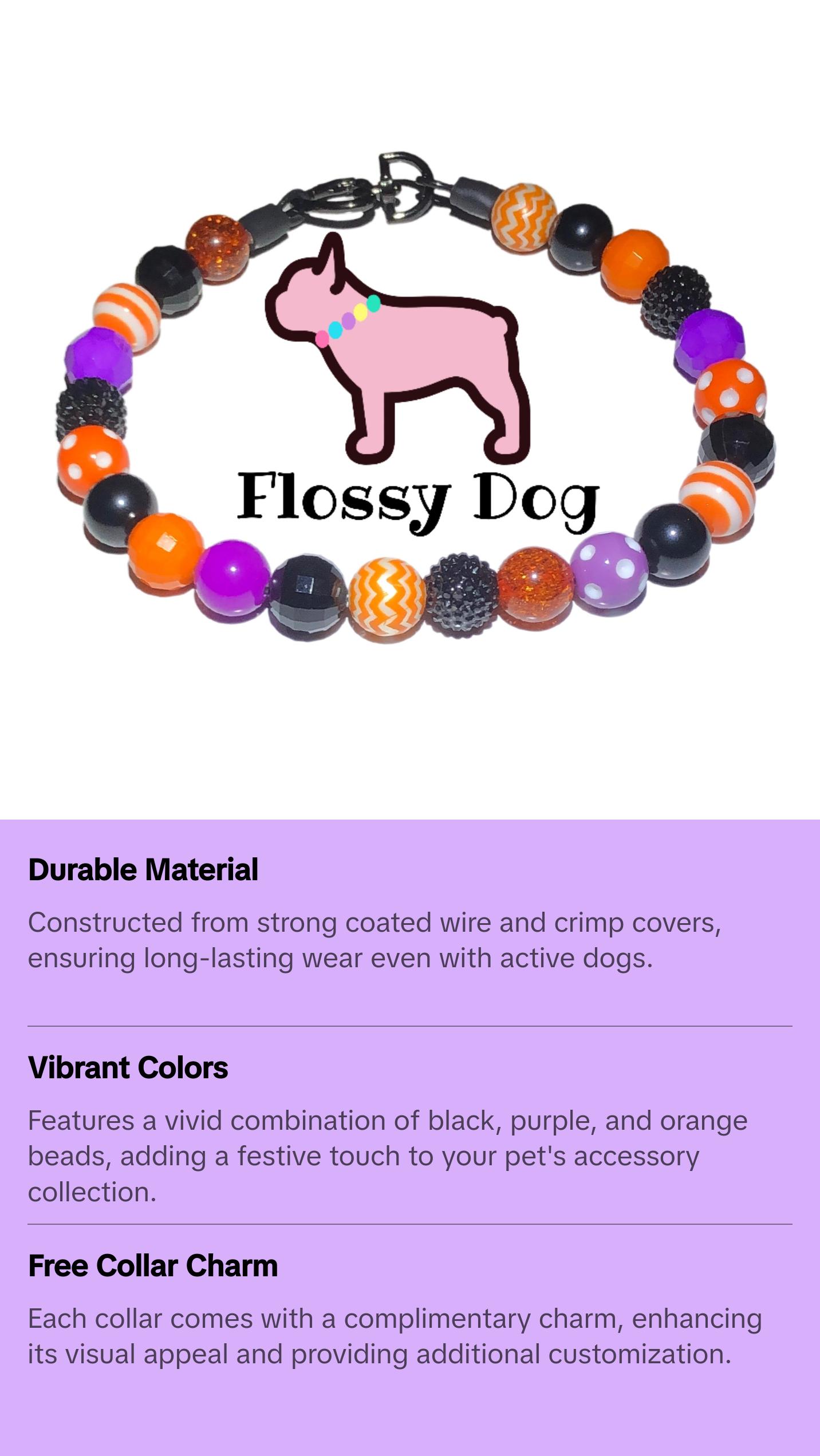 Halloween Beaded Dog Collar | Durable Dog Necklace | Orange, Black, & Purple Halloween Bead Collar | with Collar Charm