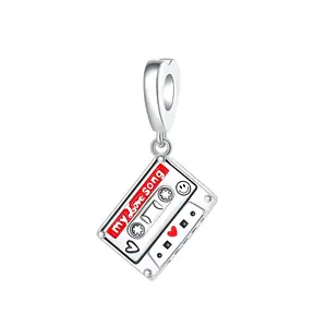 Vintage cassette tape love charm in 925 sterling silver, red enamel heart, “My Love Song” detail for European-style bracelets, 90s nostalgia and Valentine’s gifts, silver and red