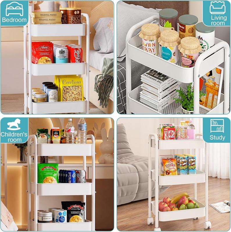 3-tier compact metal storage rack with wheels for easy movement; multi-functional mobile cart suitable for kitchens, bedrooms, and under desks; available in pink and white.