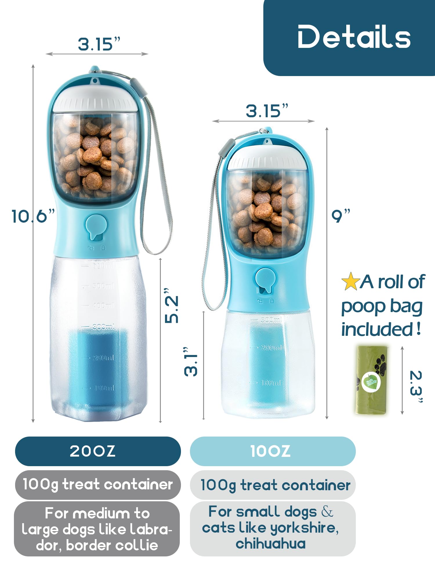 UFORU Portable Water Bottle for Dogs, 3 in 1 Pet Travel Bowl Dispenser with Food Treat Container & Poop Bag Holder, Summer Outdoor Walking Hiking Accessories for Large Dog On The Go - Blue, 20oz