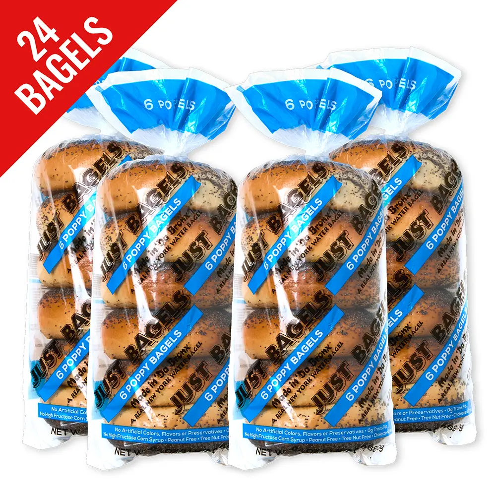 Just Bagels - Poppy Bagels - 4 Packs Of 6 Bagels Per Pack - 24 Total Bagels. Non-GMO.