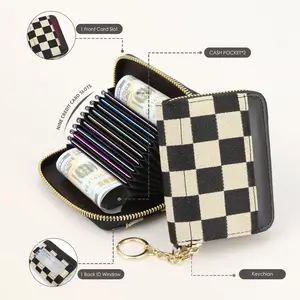 Women’s minimalist plaid checkerboard card holder with multiple slots, portable with a detachable wrist strap