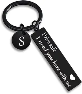 VICKHU Stainless Steel Simple 26-Letter Drive Safe Keychain, Personalized Gift for Boyfriend on Birthday, Christmas