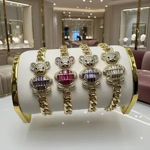 Iced Out Teddy Bear Cuban Chain Bracelet Collection with Sparkling Stones and Gold Finish