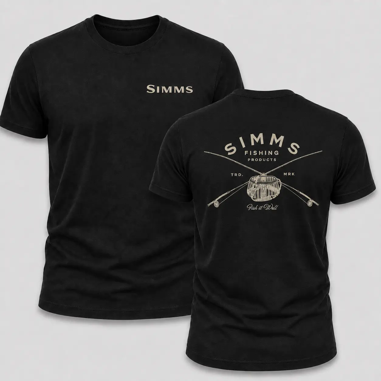 Simms Fishing Products T-Shirt, Vintage Fly Fishing Graphic Tee, Soft Cotton Blend Shirt, Outdoor Angler Apparel for Men & Women, Retro Fishing Rod & Reel Gift, Made in USA.