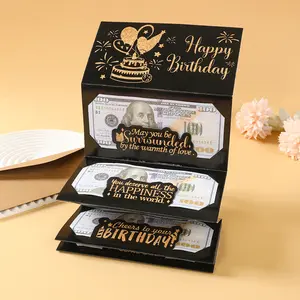 1 Set Novelty Birthday Greeting Card, Surprise Cash Gift Card, Pink Gold/Black Gold Birthday Card with Kraft Paper Envelope