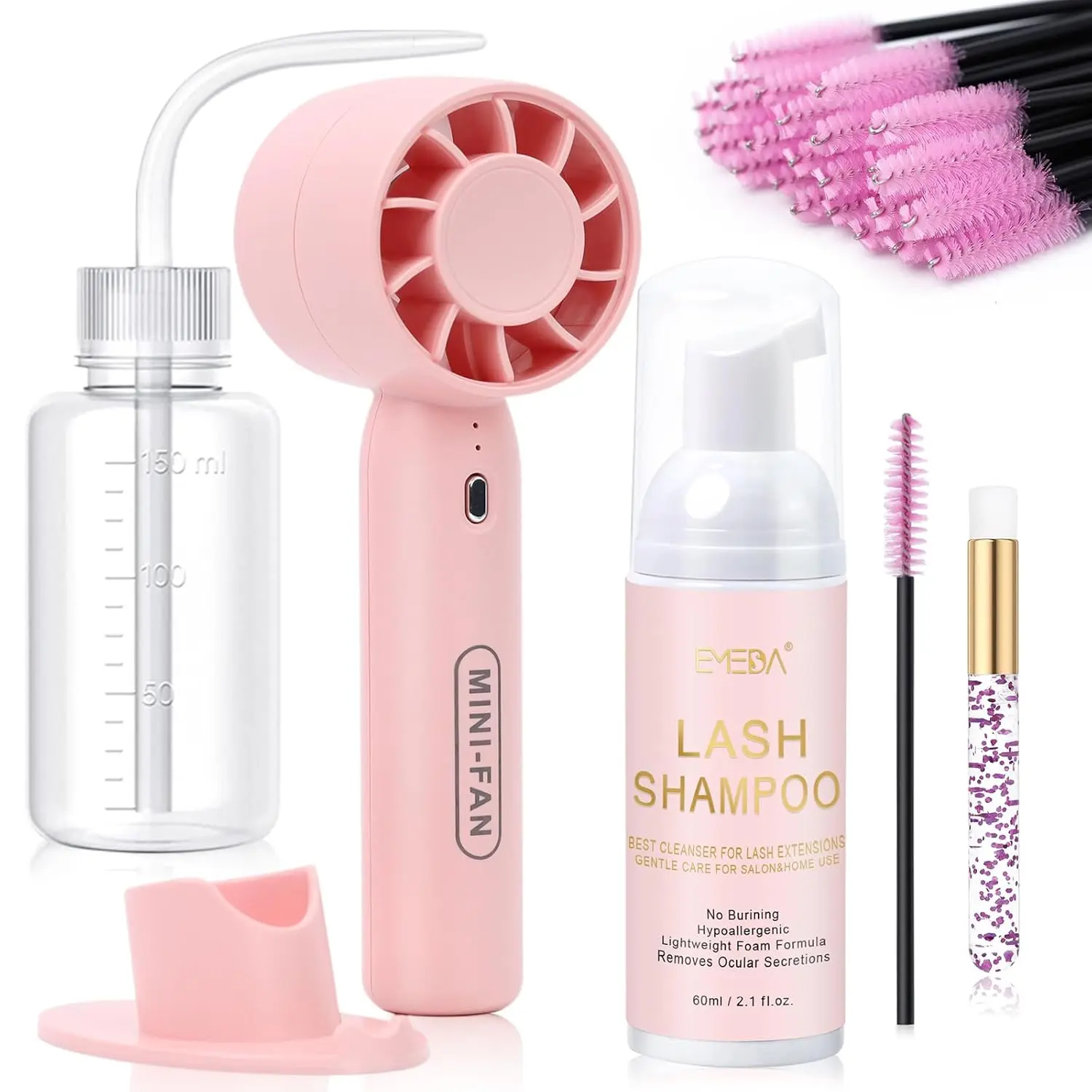 Lash Shampoo Kit 2.02 fl oz Lash Cleaning Kit with Rechargeable Fan Dryer/Brush/Rinse Bottle, Oil-free Cleanser Wash for Extensions & Clusters & Natural Eyelashes, Cleaner for Eyelash Care