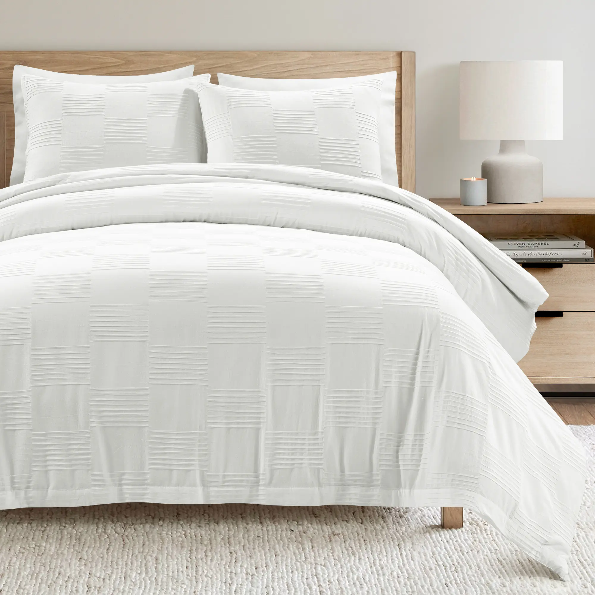 Lush Decor Sorano Chambray Textured Jacquard Cotton 3-Piece Duvet Cover Sets - Full/Queen/King, Geometric Pattern, Soft Bed Cover, Decorative Modern Bedroom Bedding, Pattern Duvet Cover