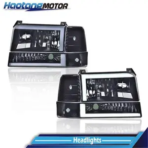 CROSSDESIGN 6PC FIT FOR 1992-1996 FORD F150 F250 F350 LED DRL BLACK HEADLIGHT CORNER/BUMPER