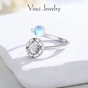 Unique Compass Moonstone Open Ring, Elegant and Stylish Style Life Direction Ring, Fidget Anxiety Ring with Rotatable and Adjustable Design Jewelry for Women, Perfect for Casual and Daily Wear, Special Gift for Birthday Christmas Valentine's Day